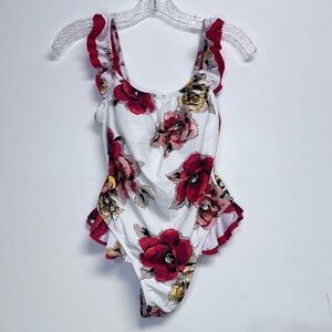 Decree One-Piece White Red Floral Rose Print Swimsuit Ruffle Trim Woman's Size S